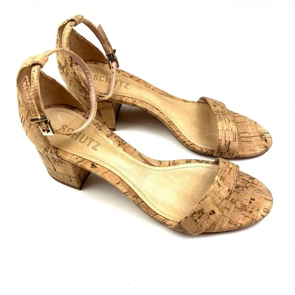 New Schutz Chimes Ankle Strap Block Heel Cork Sandals size 8.5 - Picture 2 of 8